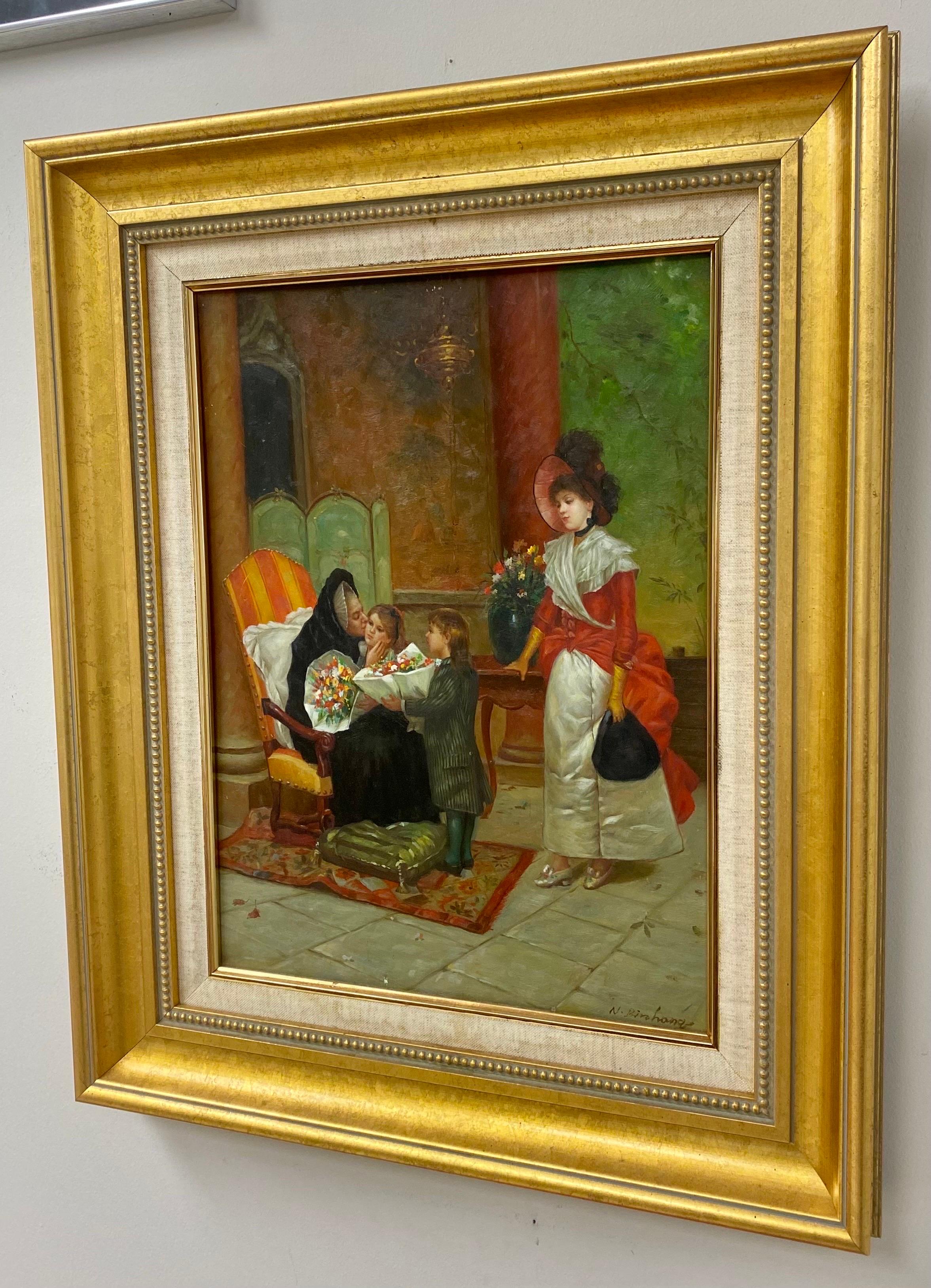 Huile impressionniste sur toile d'une réunion de famille, signée N. Henry Bingham  en vente 3