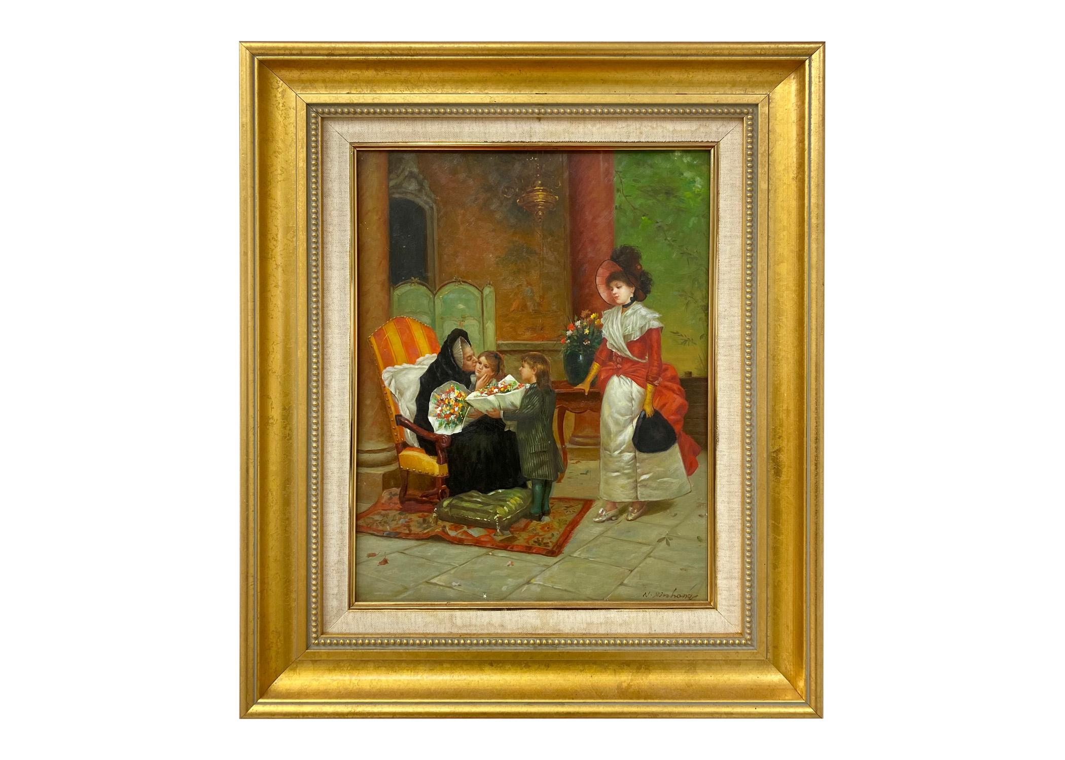 Présentation d'un chef-d'œuvre intemporel du célèbre artiste américain d'après-guerre, N. Henry Bingham (né en 1939). Cette captivante peinture à l'huile sur toile raconte l'histoire de liens familiaux et de générations qui se retrouvent lors d'une