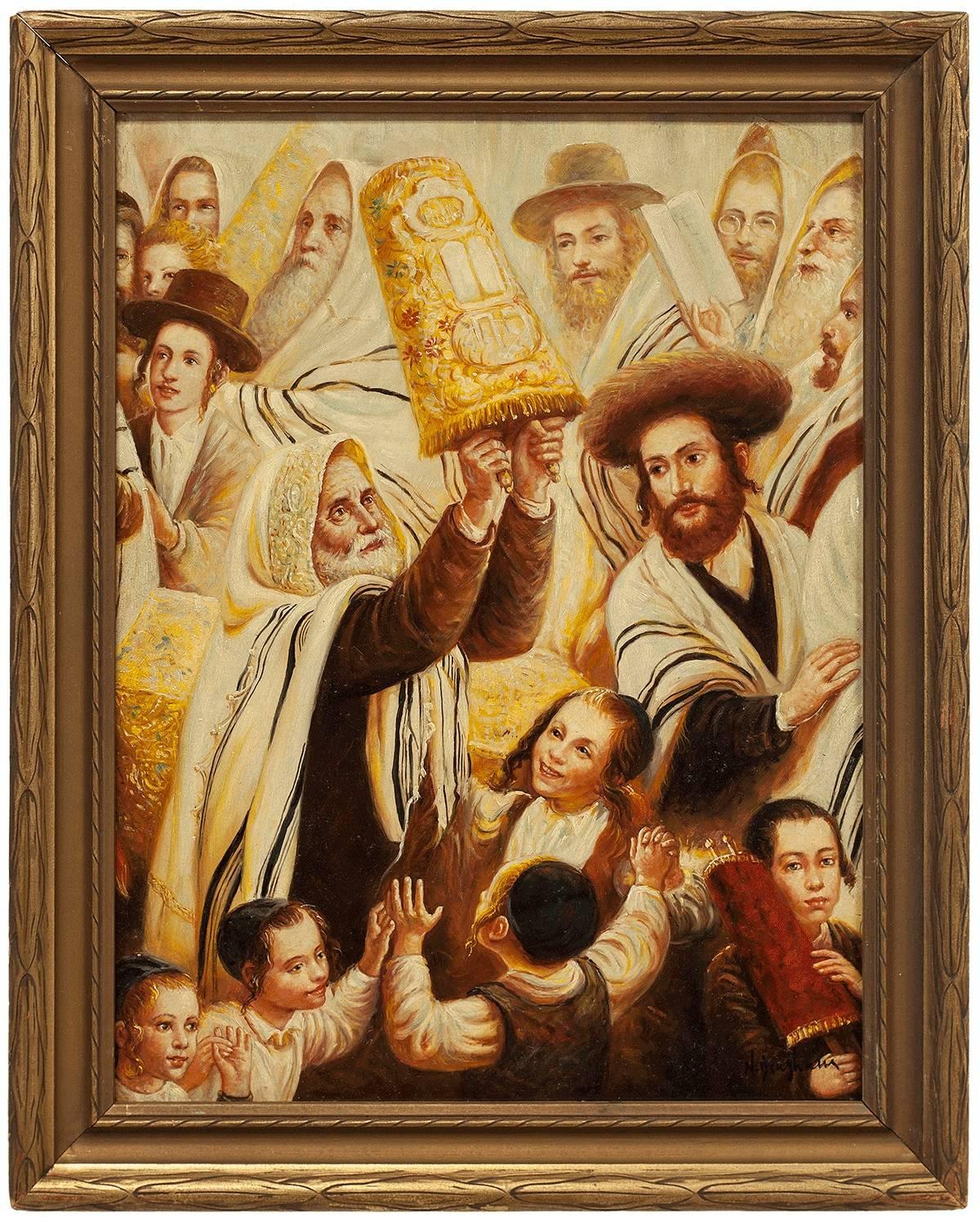 N. Henry Bingham Figurative Painting - Simchat Torah, Rejoicing with the Torah Jewish Holiday Judaica Painting