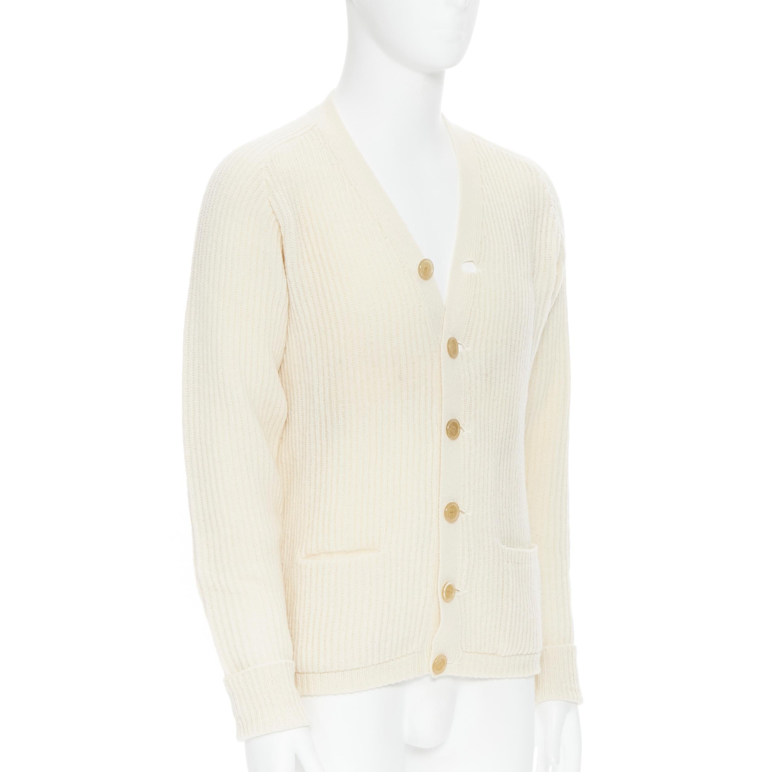 N HOOLYWOOD 100% wool beige ribbed fisherman cardigan sweater UK36 S In Excellent Condition In Hong Kong, NT
