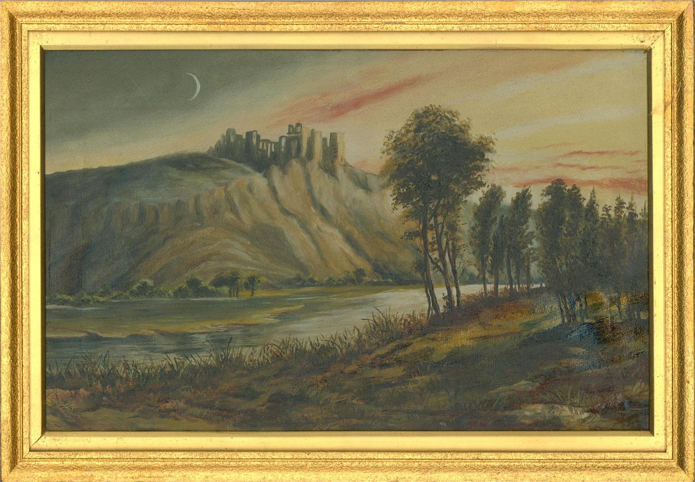 An ethereal landscape showing imposing ruins on a river side Hilltop under the blushing sky of gathering dusk. The artist has signed and dated to the lower left corner and the painting has been presented in a gilt frame with gilt slip. The artist