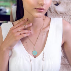 N Initial Large Turquoise Enamel Charm Diamond Necklace Yellow Gold