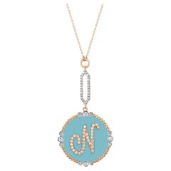 Gelbgold-Halskette mit großem Türkis-Emaille-Charm und Diamant-Anhänger, N
