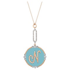 N Initial Large Turquoise Enamel Charm Diamond Necklace Yellow Gold