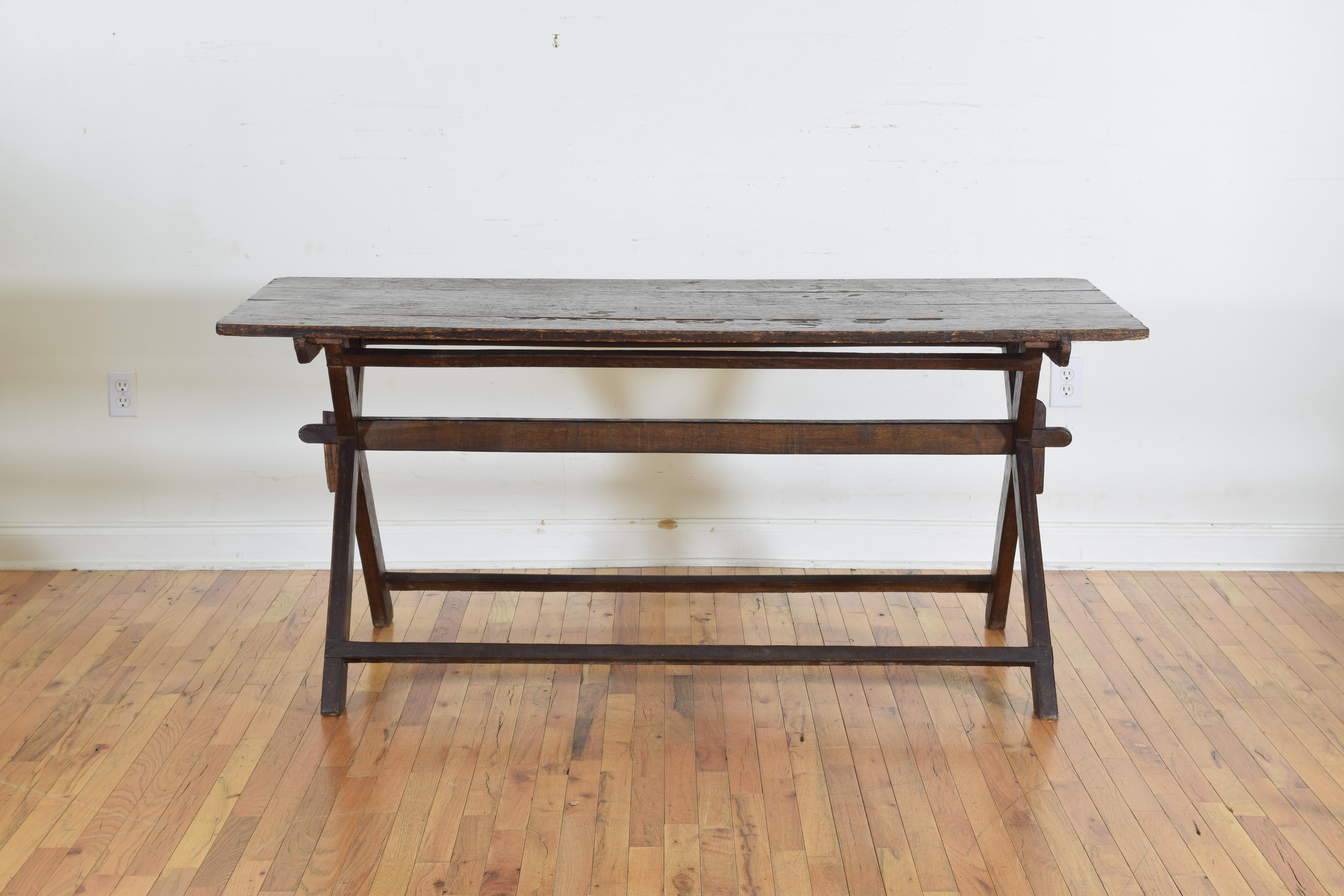 Carved N. Italian or Austrian Pinewood Trestle-Form Campaign-Style Table, circa 1870