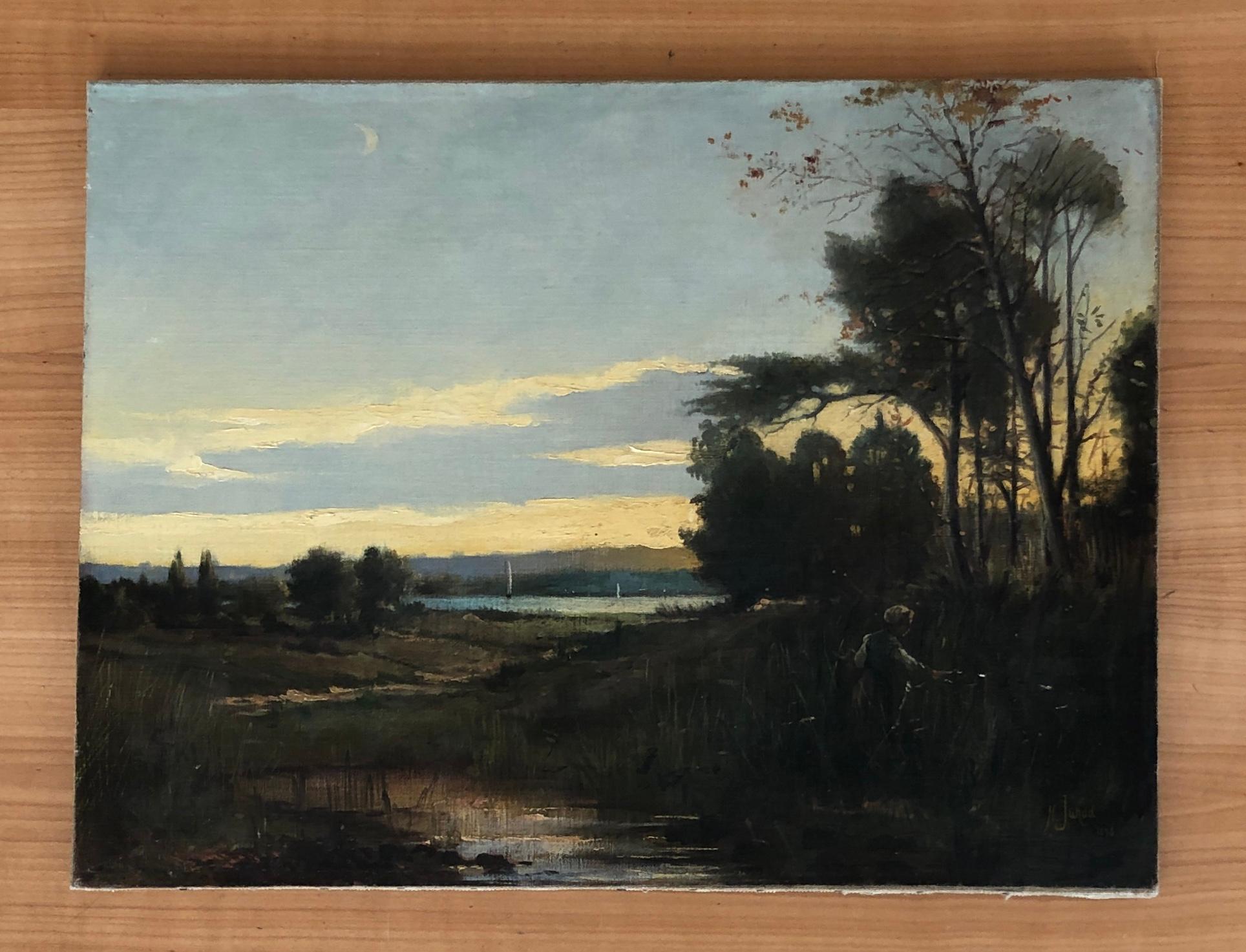 Segelboote auf dem See in einer geschäftigen Landschaft – Painting von N. Junod