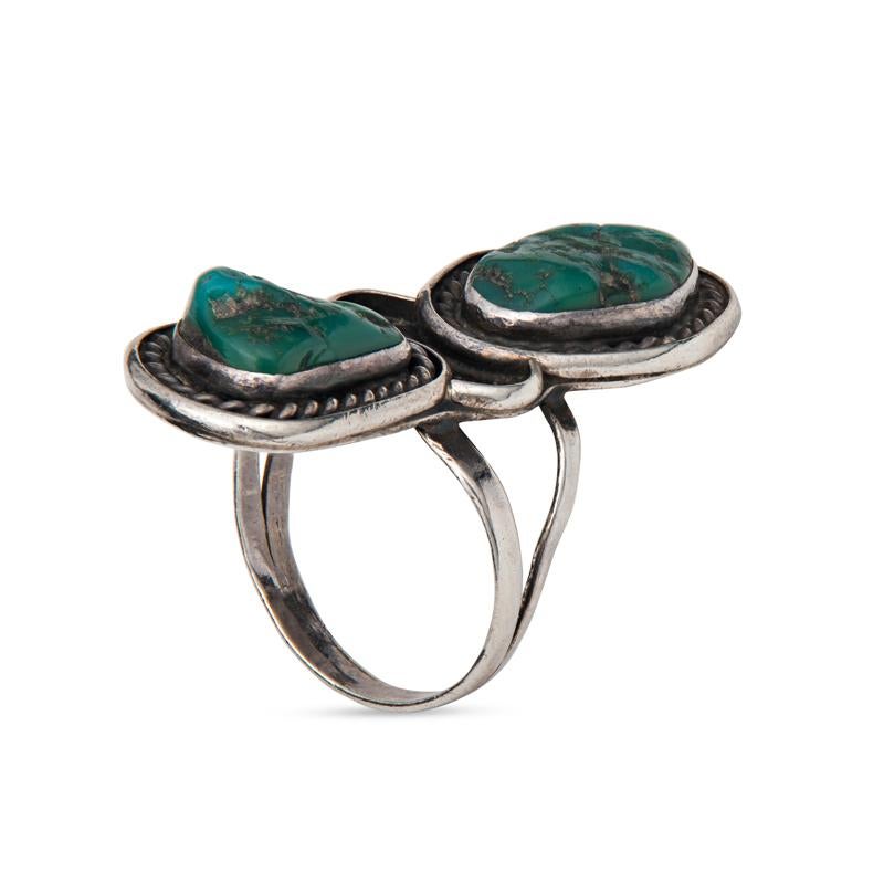 Tumbled N. Lee Double Turquoise Sterling Silver Ring For Sale