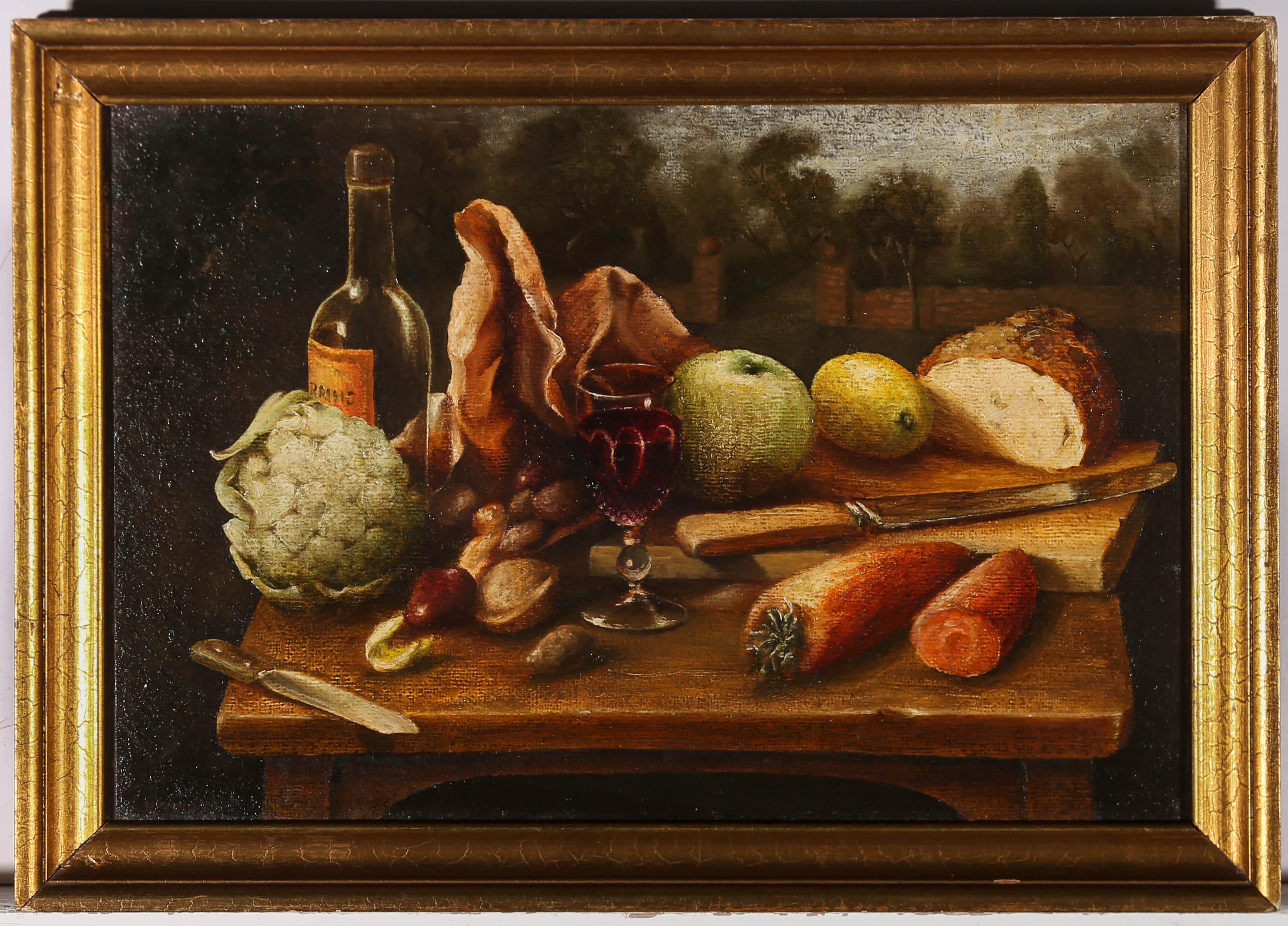 A delightful oil still life of various produce set on a wooden table with a glass of wine. We can see the still life has been set outside amongst the greenery and garden wall behind it. Signed and dated to the lower left and well presented in a gilt