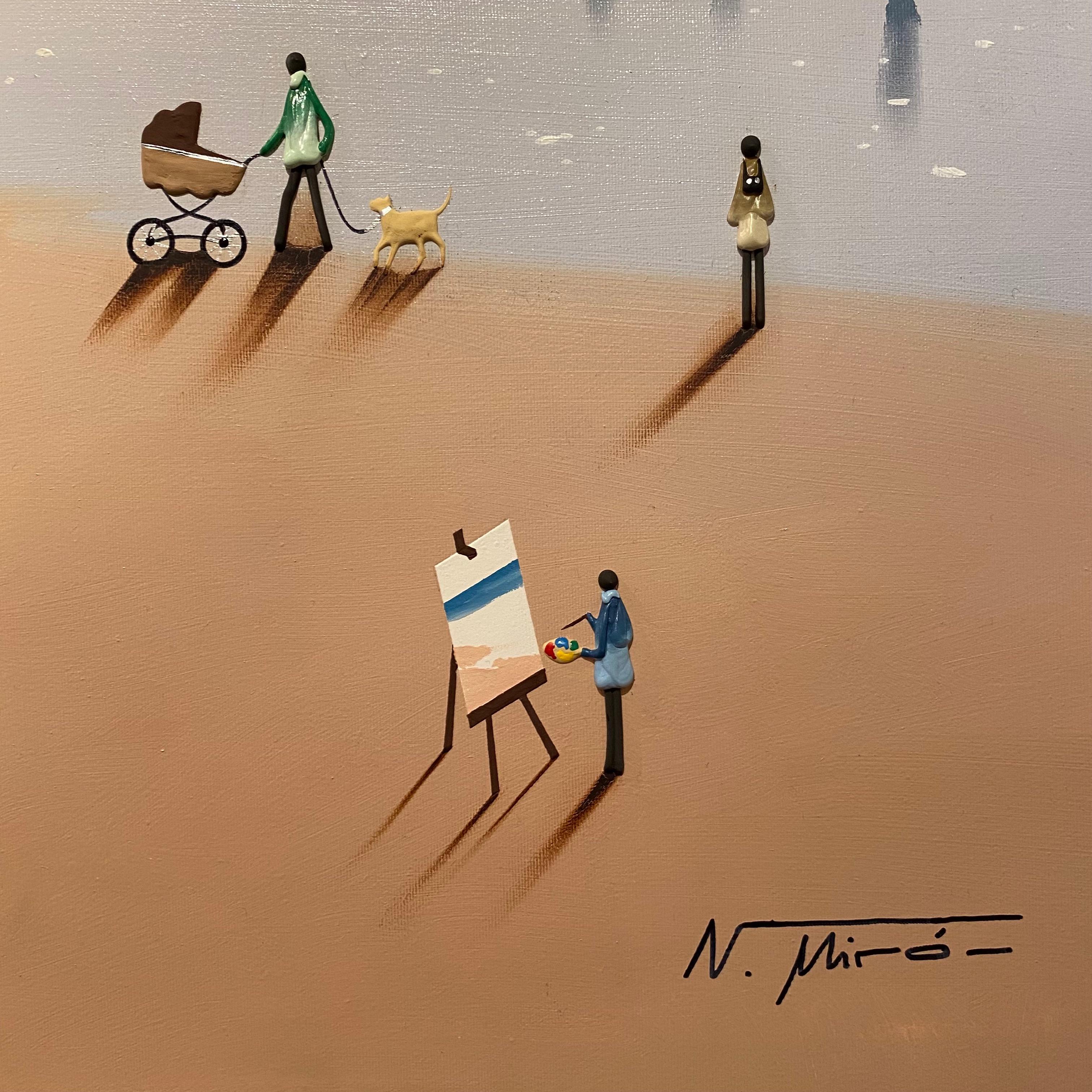 'Sparkling seas' Contemporary 3D beach Landscape painting with figures, waves - Gray Figurative Painting by N. Miro