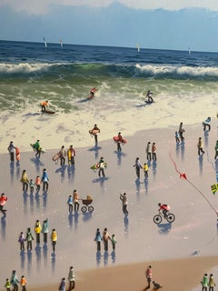 'Actividades en la playa' Contemporáneo Cuadro colorido de figuras en una playa, olas