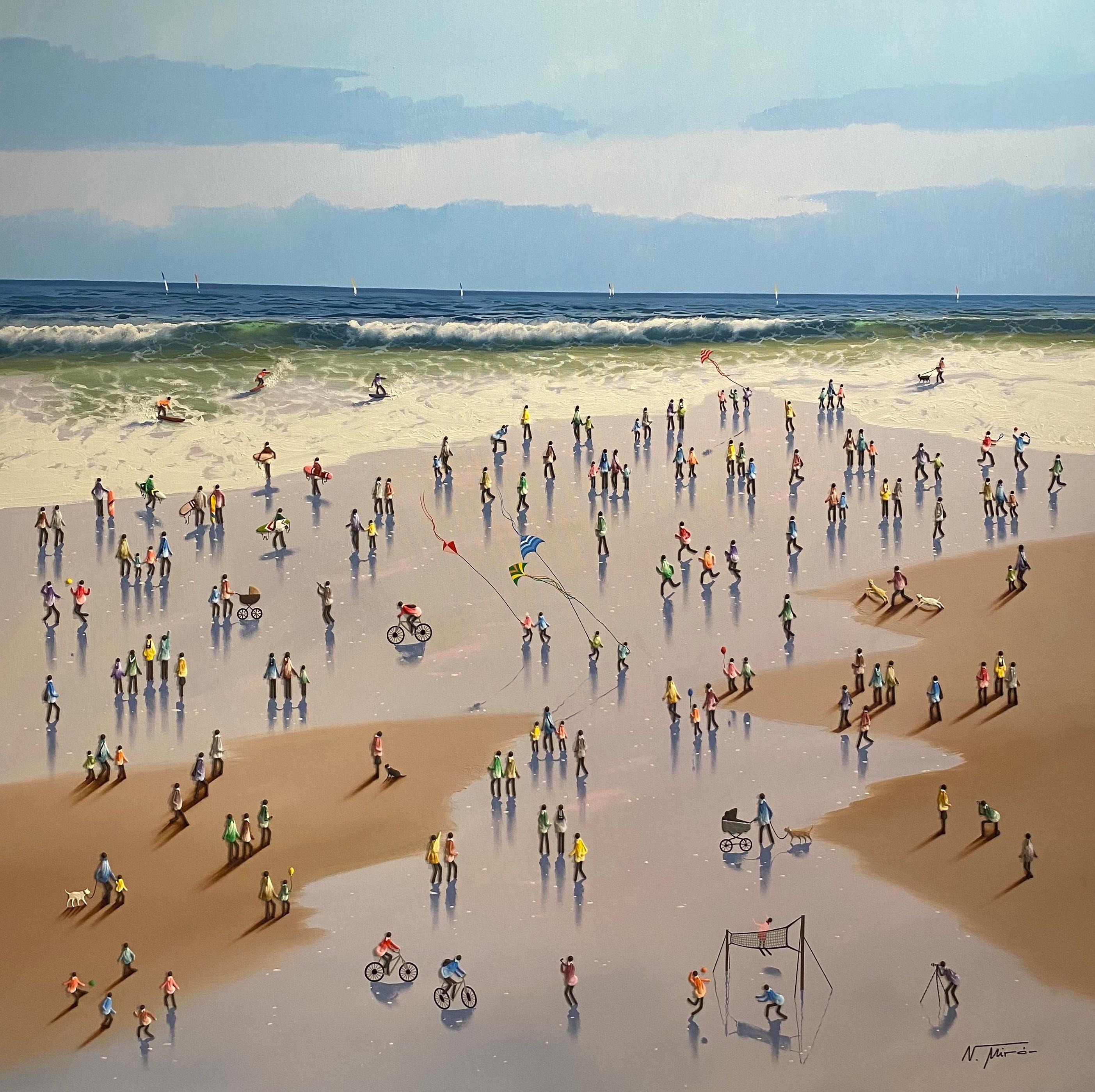 'Beach Activities' Contemporary Colourful painting of figures on a beach, waves