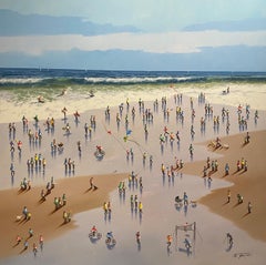 'Beach Activities' Contemporary Colourful painting of figures on a beach, waves