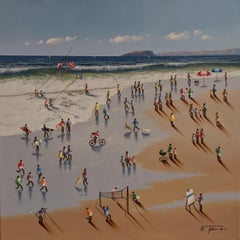 The 'Soaking up the Sunshine' Contemporary Colourful Figurative, beach, water, sand (plage, eau, sable)