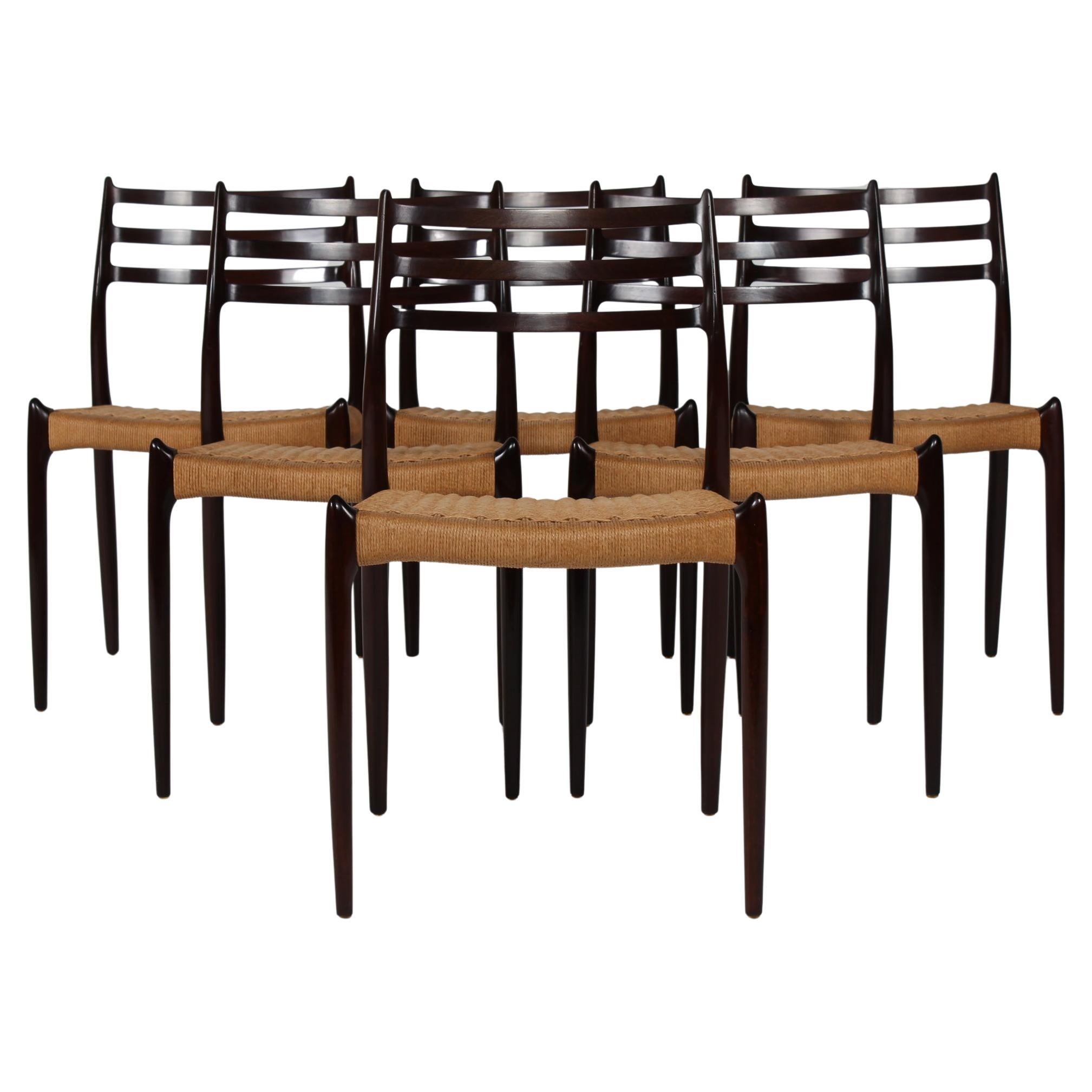 Here is a set  of 6 dining room chairs model no. 78 designed by the Danish cabinet maker and furniture designer Niels Otto Møller (1920-1982). 
They are manufactured in the 1960s by J. L. Møllers Møbelfabrik, Aarhus in Denmark.

The chairs are made