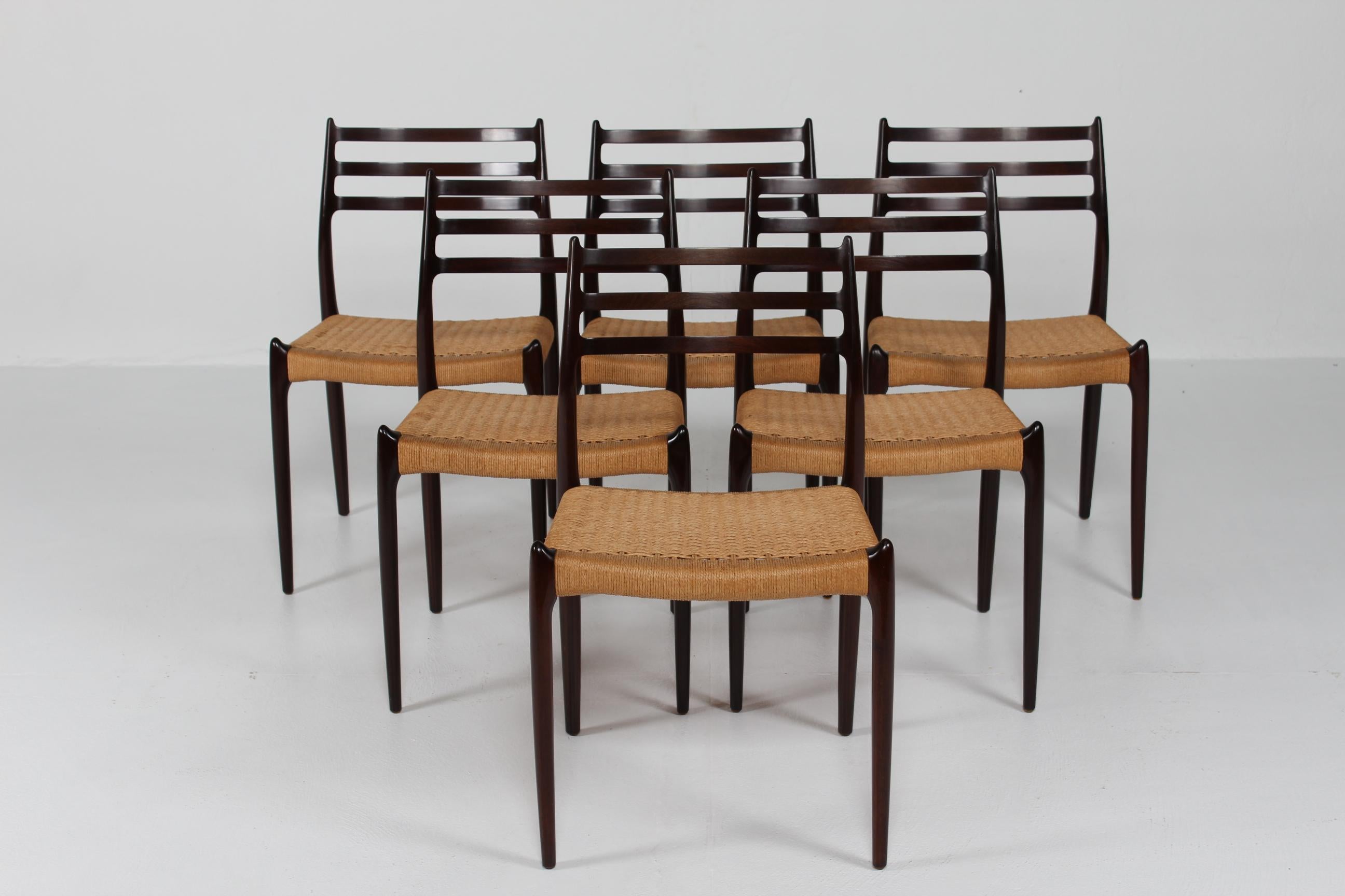 Mid-Century Modern N. O. Møller Set of 6 Dining Chairs No. 78 of Mahogany by J.L. Møller in Denmark