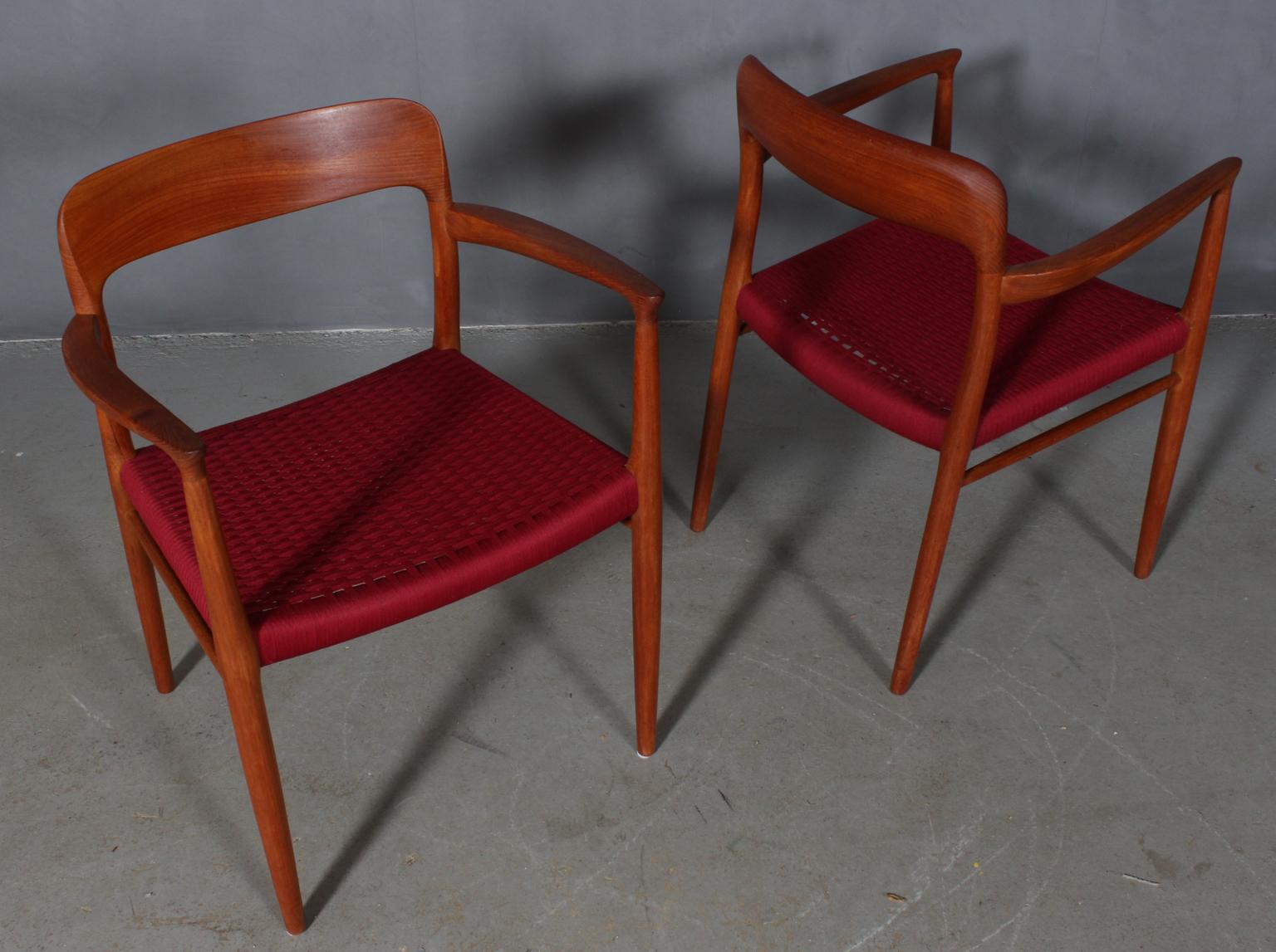 N. O. Møller set of armchairs with frame of solid oiled teak.

Seat with weaved wool.

Model 56, made by J. L. Møller, Denmark, 1960s.