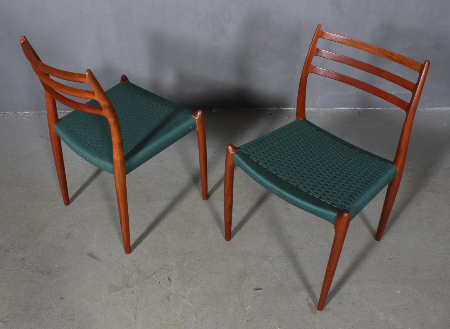 N. O. Møller side chair with frame of solid oiled teak.

Seat weaved.

Model 78, Made by J. L. Møller, Denmark, 1960s.