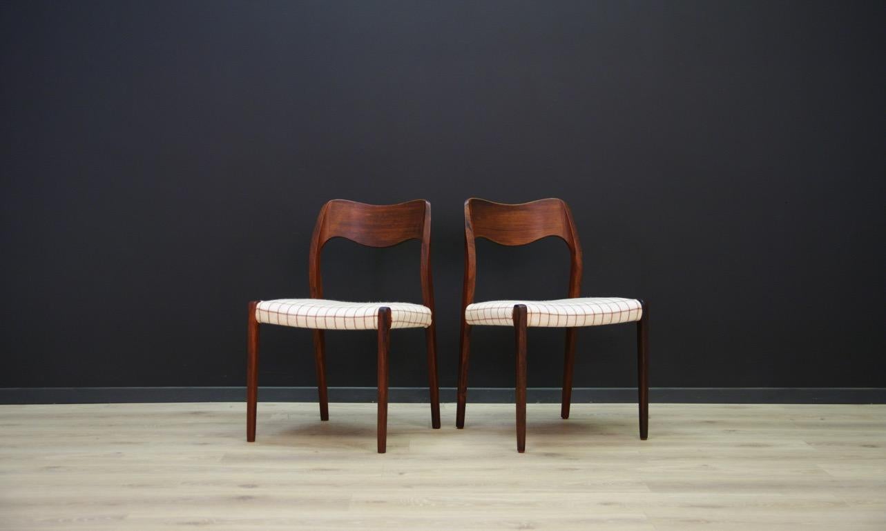 Original chairs from the 1960s-1970s, minimalist form, Danish design designed by the leading Danish designer - N. O. Møller. Rosewood construction, new upholstery (cream color with brown checkered pattern). Preserved in good condition (minor