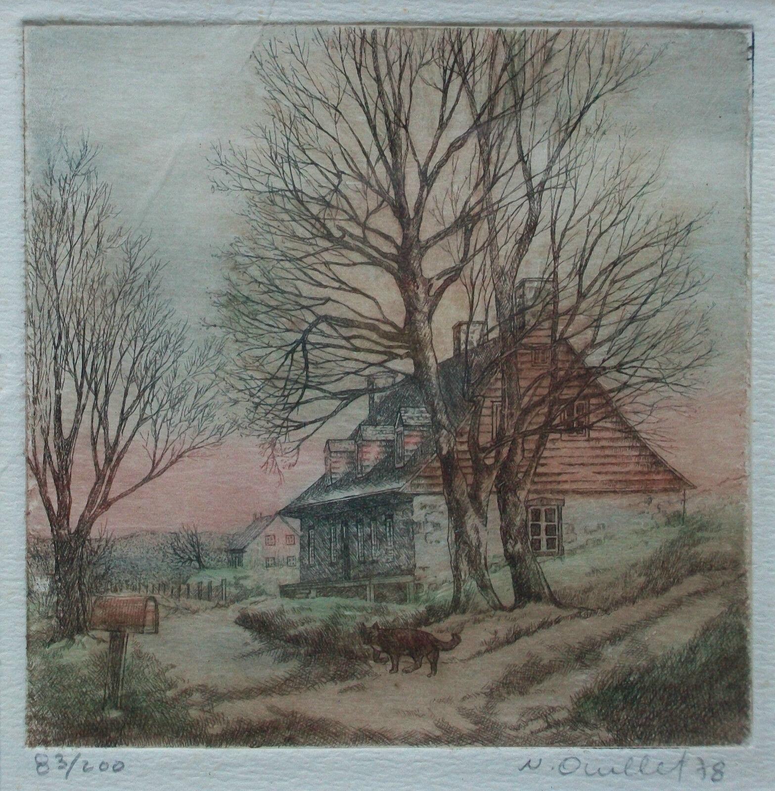 Country N. OUELLET - #83/200 - Vintage Framed Copperplate Engraving - Canada - C. 1978 For Sale