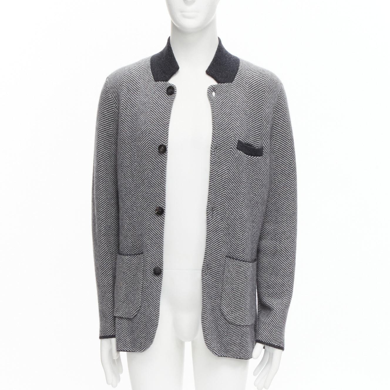 N PEAL 100% cashmere grey herringbone black collar trim cardigan jacket M In Excellent Condition In Hong Kong, NT