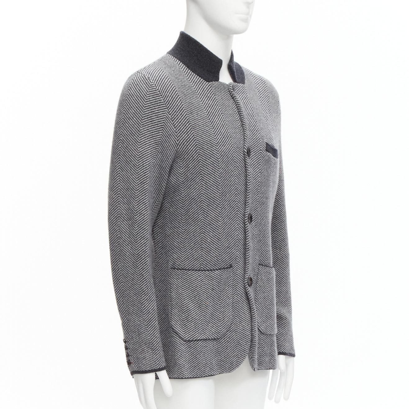 Men's N PEAL 100% cashmere grey herringbone black collar trim cardigan jacket M