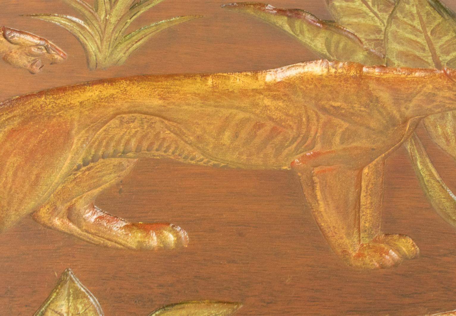 Panthères dans le Jungle Art déco, panneau de bois doré sculpté de N. R. Brunet en vente 10