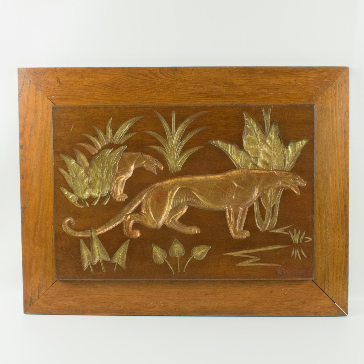 Panthères dans le Jungle Art déco, panneau de bois doré sculpté de N. R. Brunet en vente 12