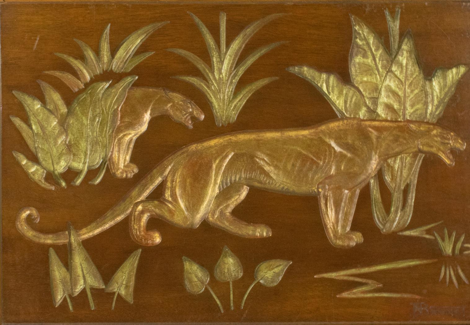 Panthères dans le Jungle Art déco, panneau de bois doré sculpté de N. R. Brunet en vente 6