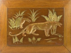 Panteras en la jungla Panel Art Decó de madera dorada tallada de N. R. Brunet