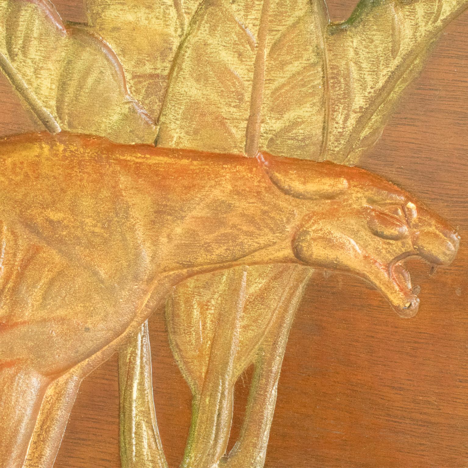 Panthers in the Jungle Art Deco Carved Gilt Wood Panel by N. R. Brunet For Sale 11