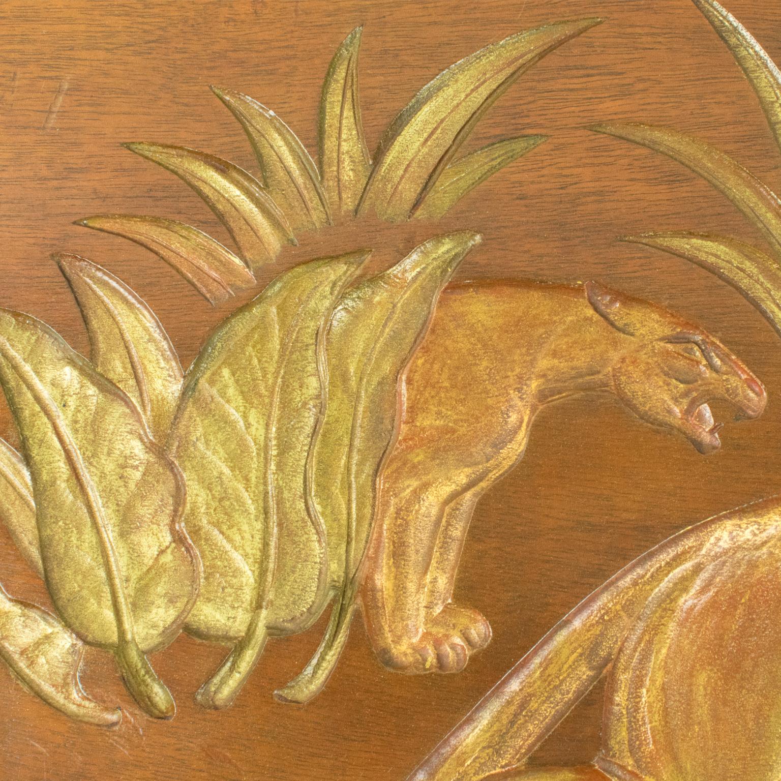 Panthers in the Jungle Art Deco Carved Gilt Wood Panel by N. R. Brunet For Sale 7