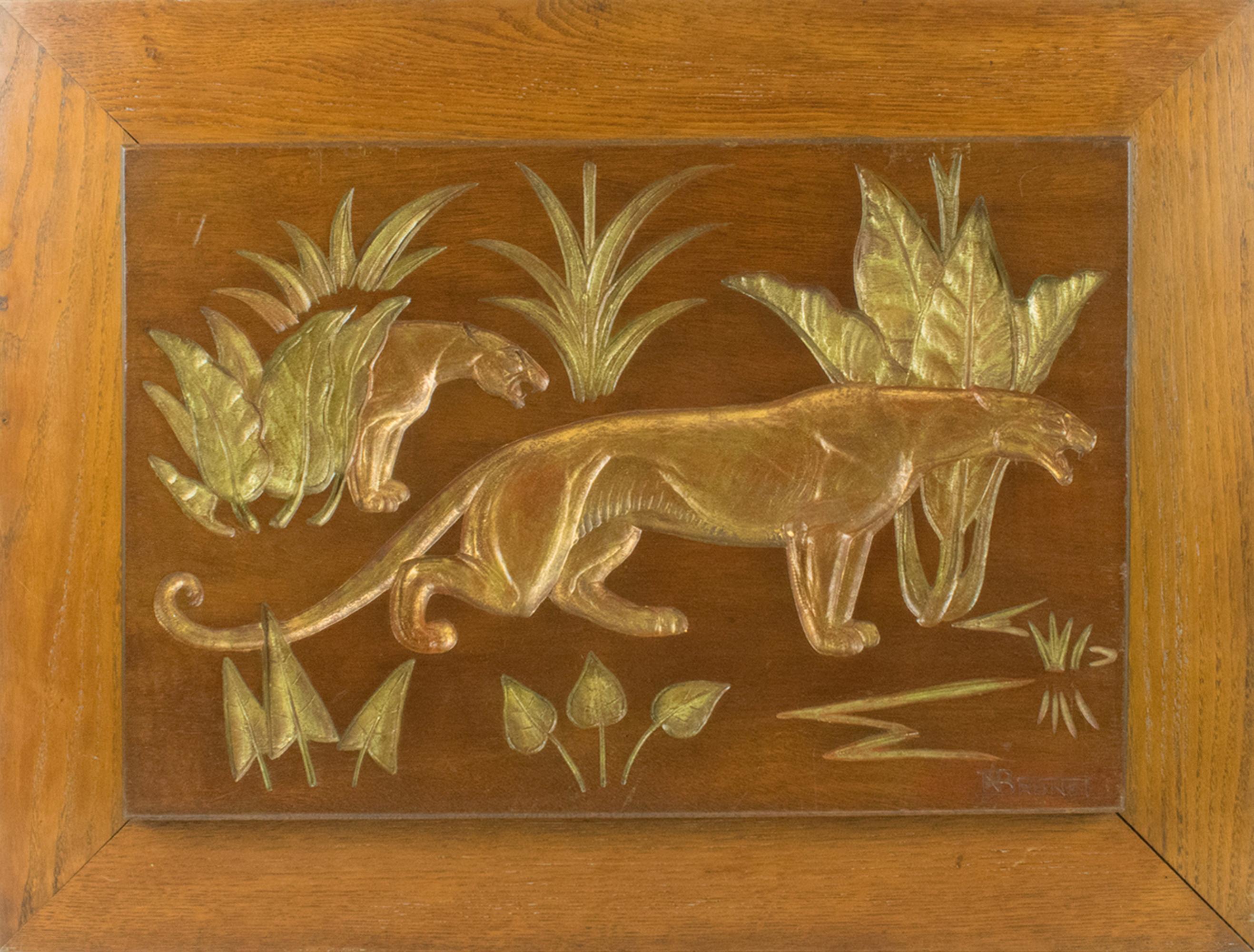Engraved Art Deco Panther Panel by N.R. Brunet (20th Century, France) 
A striking and seldom-seen example of Art Deco artistry, this richly engraved wood panel by French sculptor N.R. Brunet (20th Century) captures a pair of panthers prowling