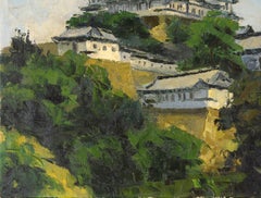 Le château d'Himeji au milieu d'une végétation luxuriante - Peinture à l'huile originale en impasto, signée