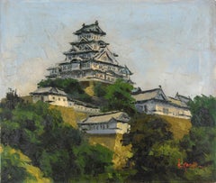 Le château d'Himeji au milieu d'une végétation luxuriante - Peinture à l'huile originale en impasto, signée