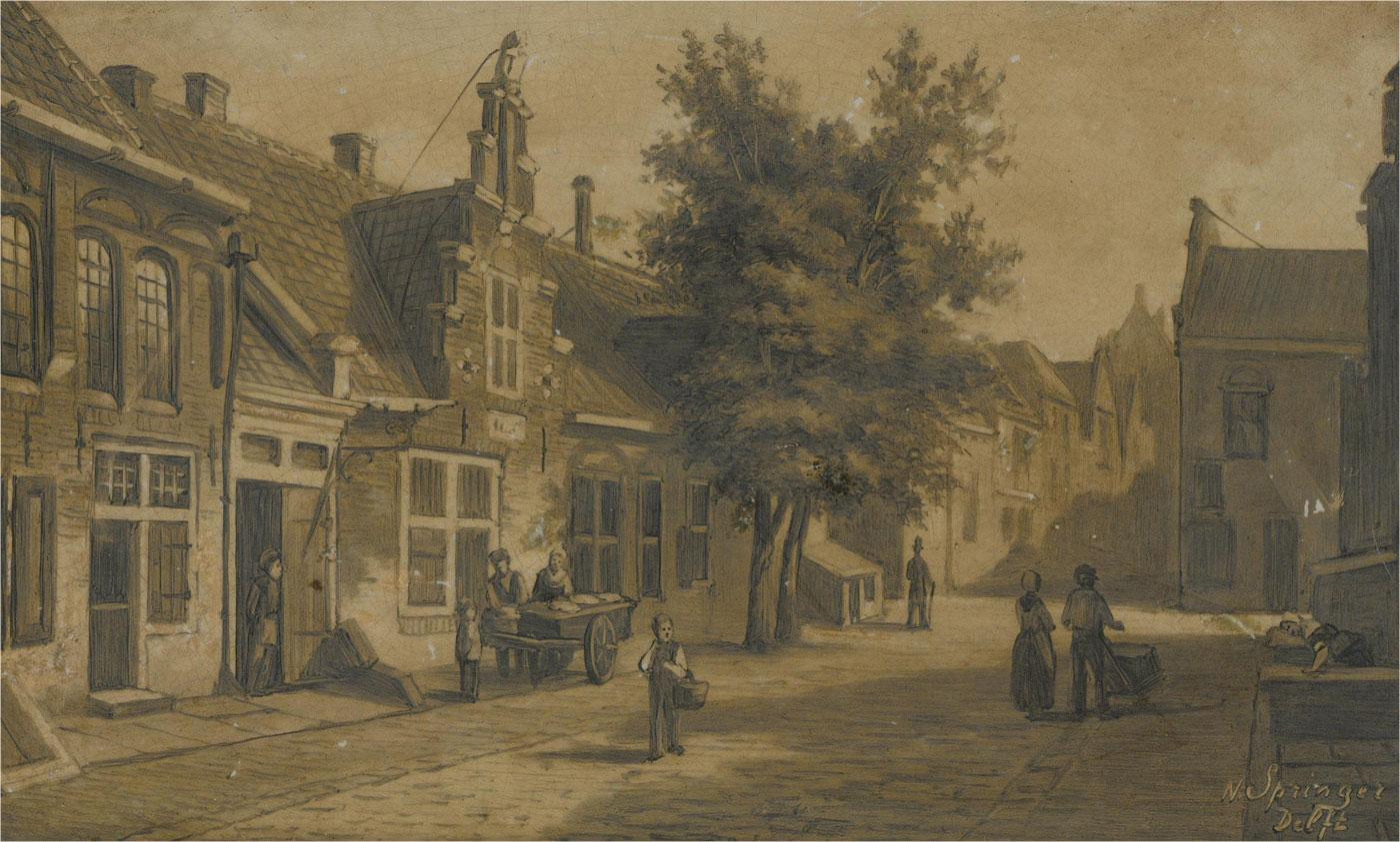 N. Springer (Manner of Cornelis Springer) -19thC Oil, Dutch Street On Delft Tile 1