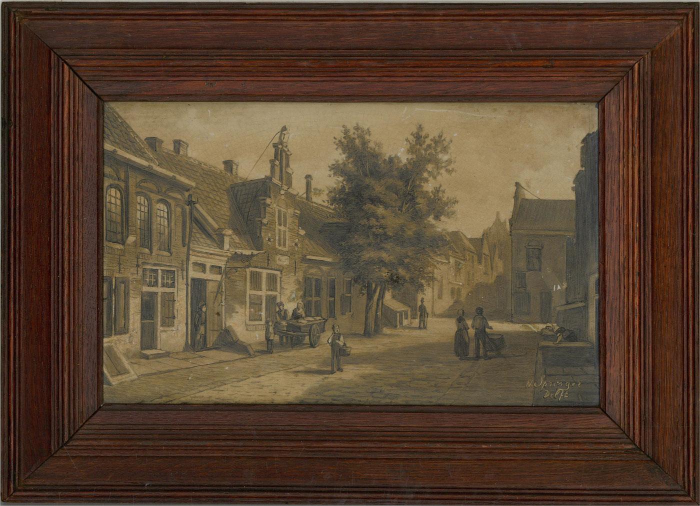 An unusual late 19th Century Dutch street scene showing a cobbled street with gabled buildings bathed in sunlight. The artist has signed and inscribed to the lower right corner. The painting is on a large ceramic Delft tile and presented in a