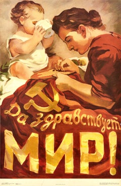 Originales sowjetisches Vintage-Poster „Long Live Peace“, UdSSR, Propaganda, Mutter-Kinder-Flagge