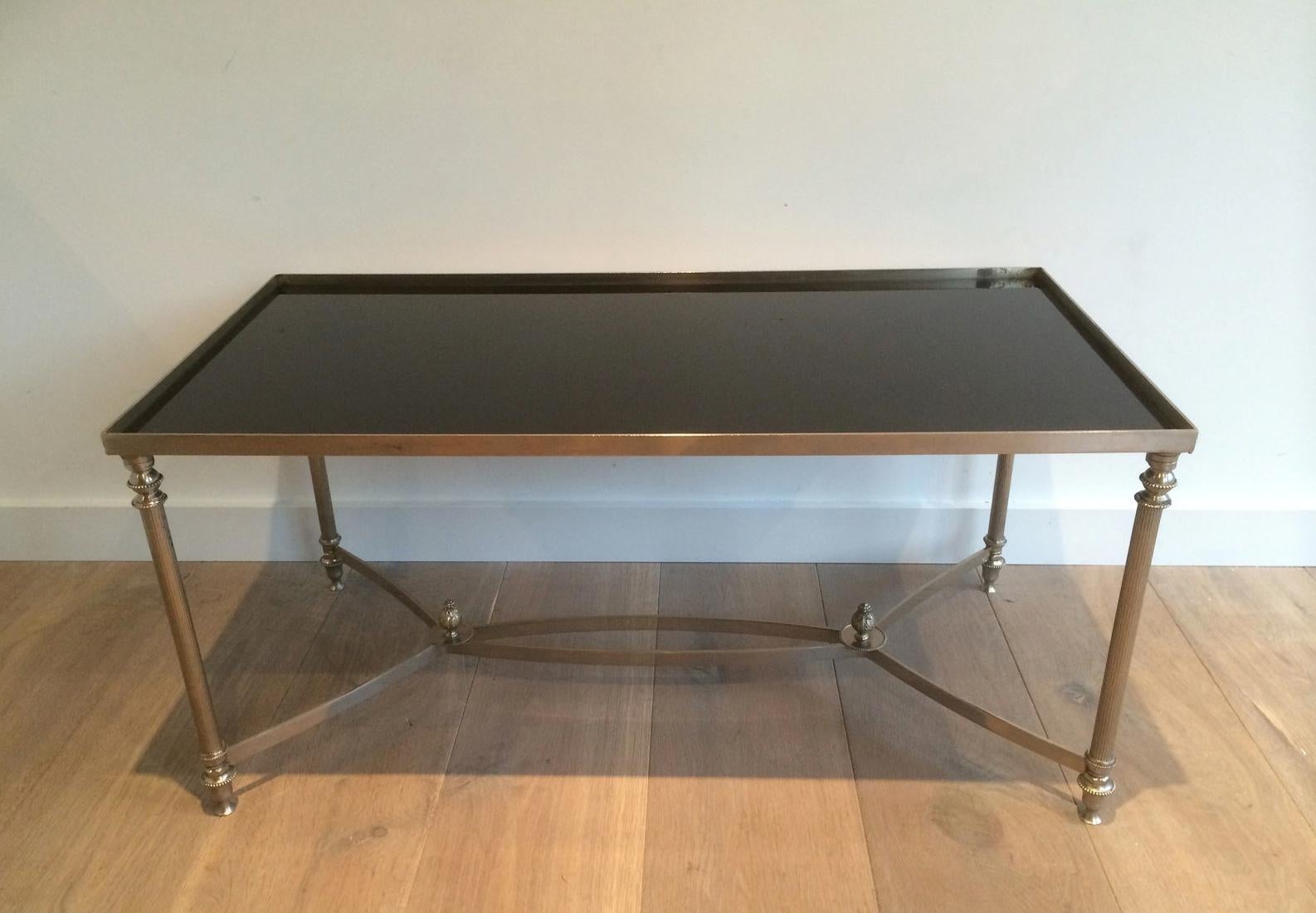 Style of Maison Jansen, Silvered Coffee Table with Black Lacquered Glass For Sale 2