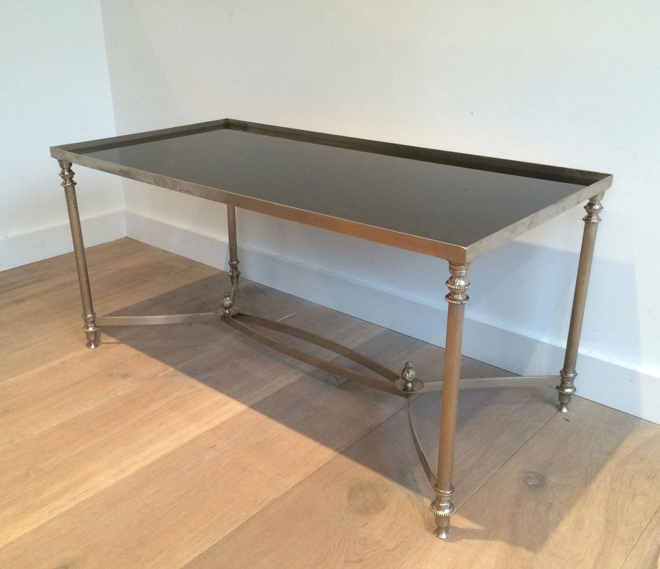 Style of Maison Jansen, Silvered Coffee Table with Black Lacquered Glass For Sale 3