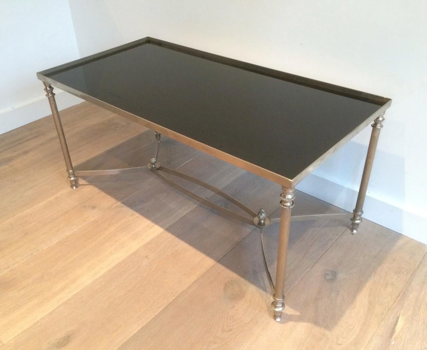 Style of Maison Jansen, Silvered Coffee Table with Black Lacquered Glass For Sale 4