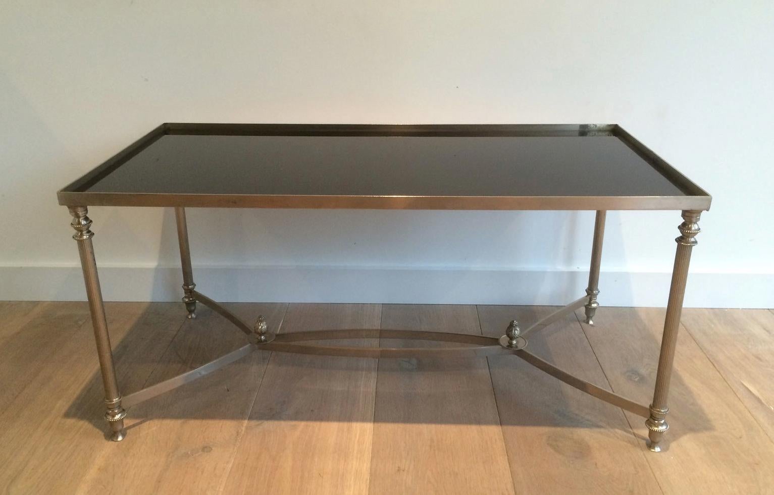 Style of Maison Jansen, Silvered Coffee Table with Black Lacquered Glass For Sale 5