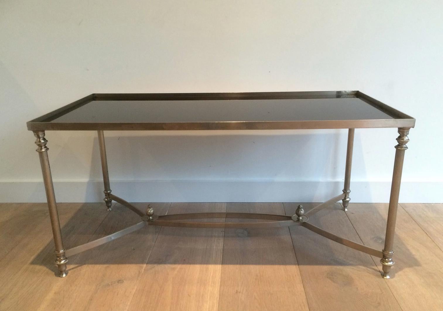 Style of Maison Jansen, Silvered Coffee Table with Black Lacquered Glass For Sale 6