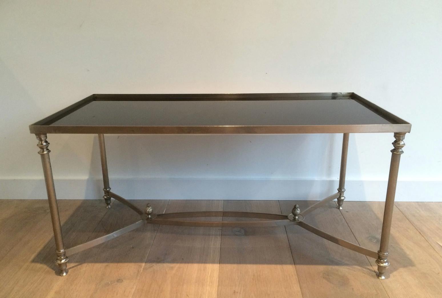 Style of Maison Jansen, Silvered Coffee Table with Black Lacquered Glass For Sale 7