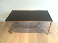 Style of Maison Jansen, Silvered Coffee Table with Black Lacquered Glass