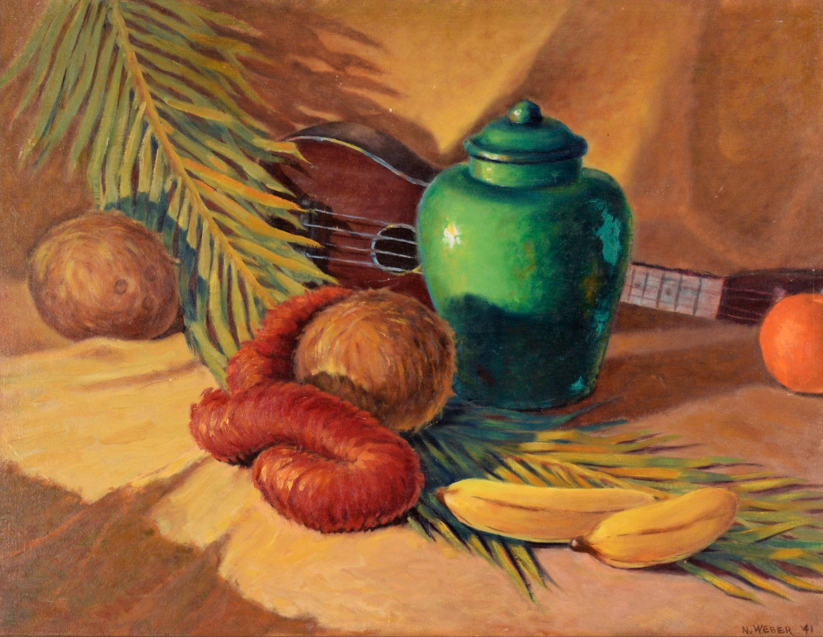 Tropical Still Life with Green Pot and Ukulele in Oil on Wood Panel - Painting by N. Weber