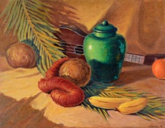 Tropical Still Life with Green Pot and Ukulele in Oil on Wood Panel