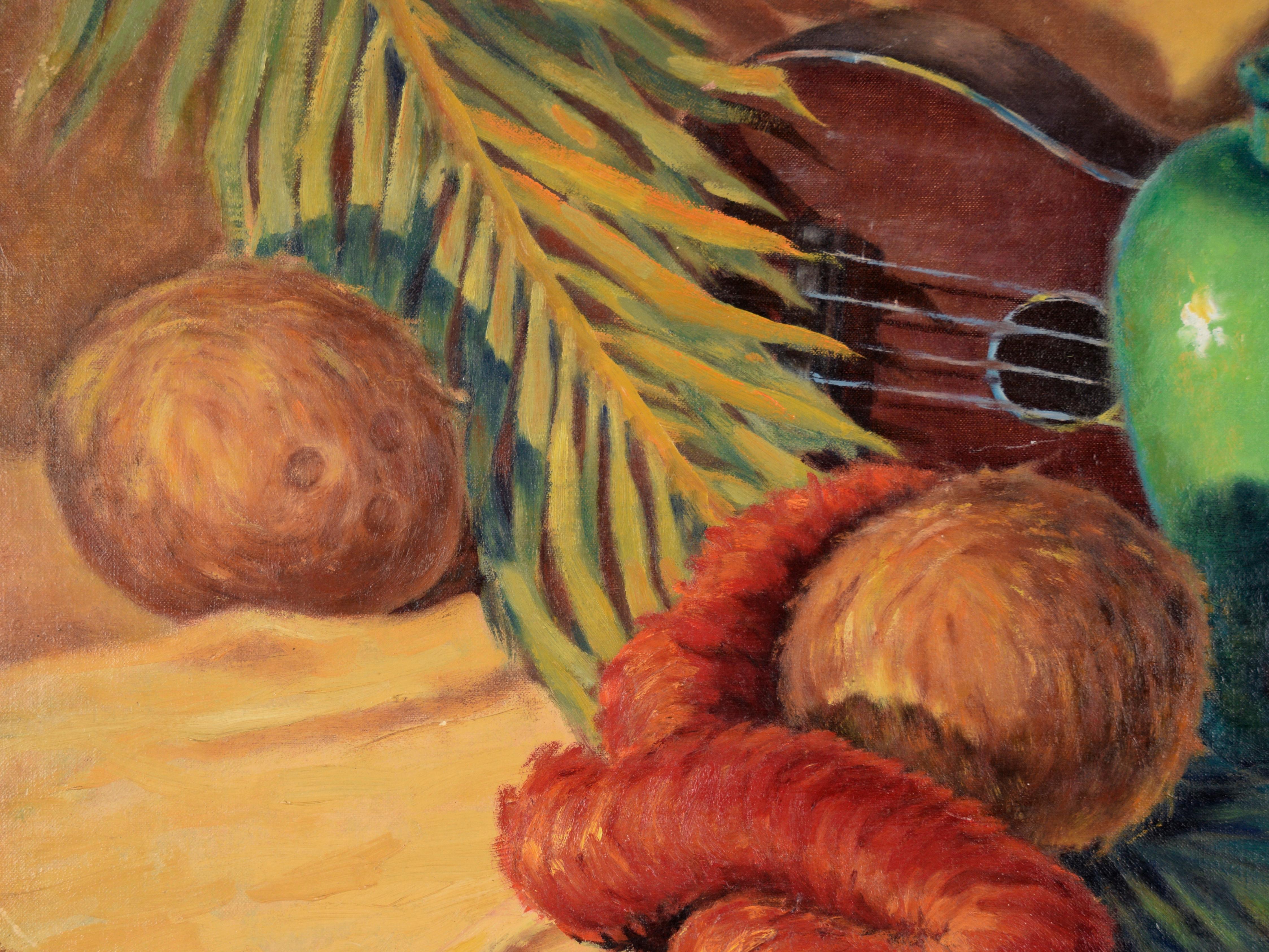 Tropical Still Life with Green Pot and Ukulele in Oil on Canvas

Vibrant still life by Santa Cruz County artist N. Weber (20th Century). There are several tropical items in this composition - coconuts, bananas, a lei, palm frond, and ukulele. There
