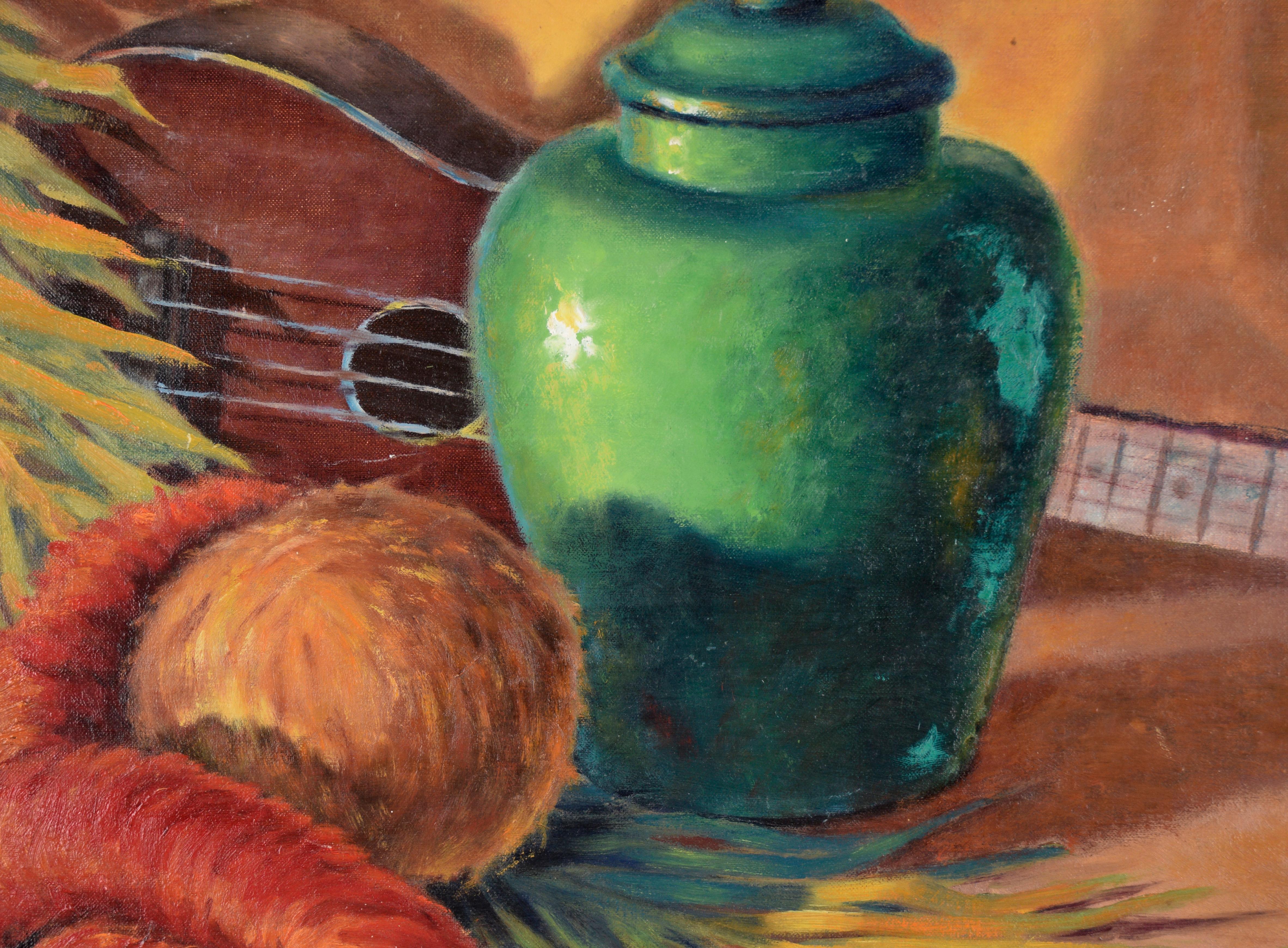 Tropical Still Life with Green Pot and Ukulele in Oil on Wood Panel For Sale 1