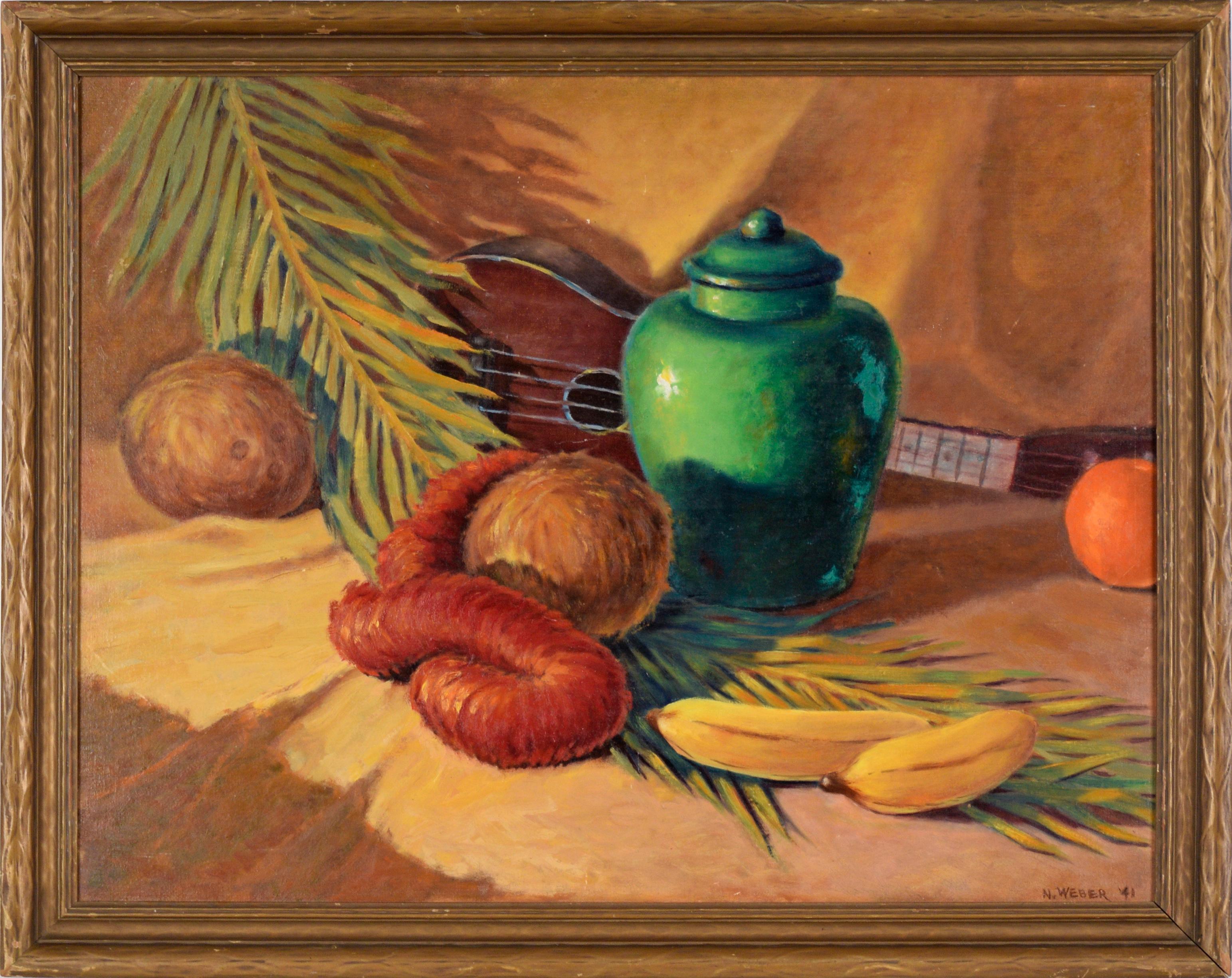 Nature morte tropicale avec pot vert et ukulélé à l'huile sur panneau de bois