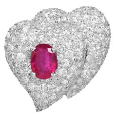GIA N0-Heat 11.20cts Natural Heart  Ruby Diamond Dome Platinum Clip-on Earrings